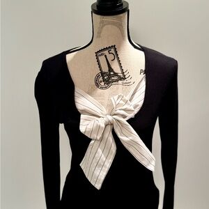Chic Black Long Sleeve Top with Striped White Bow